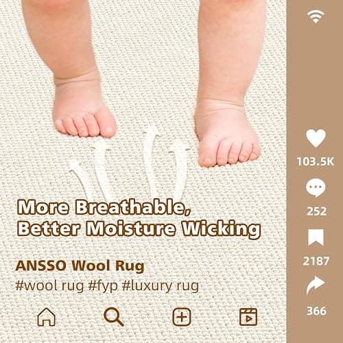 ANSSO Wool Rugs 8x10 for Living Room,80% Merino Wool and 20% Cotton Soft Tufted Area Rug with Cotton Non-Slip Backing,Large Area Rug for Bedroom Bedroom, Dining and Home Office (Cream White) thumbnail 6