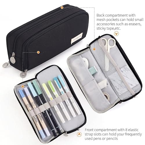 CICIMELON Large Capacity Pencil Case 3 Compartment Pouch Pen Bag for School Teen Girl Boy Men Women (Black) thumbnail 3