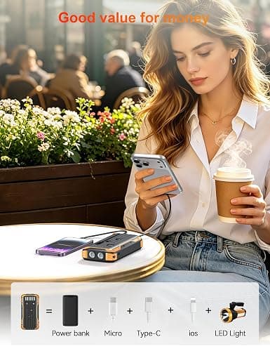 SOXONO Solar Power Bank 40000mAh PD20W Fast Charging Portable Solar Charger | Built-in 4 Cables, 3 Ports, Dual Bright Flashlight, External Battery Pack for Camping, Hiking, and Outdoor Use, Orange thumbnail 7