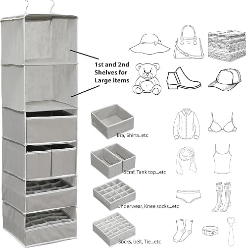 Simple Houseware 6 Shelf Hanging Closet Organizer with 5 Drawers Storage, Grey thumbnail 4