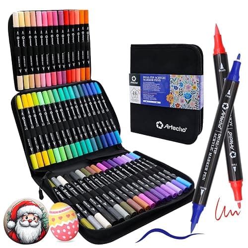 Artecho Acrylic Paint Markers 48 Colors with Bag（ Brush Tip and Fine Tip ） | Ideal for Rock Painting, Stone, Wood, Paper, Canvas, Ceramic, Glass, Fabric & DIY Crafts - Image 1
