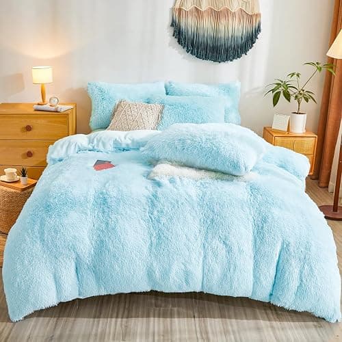 Blue Plush Pillow Covers, Fuzzy Fluffy Furry Shaggy Faux Fur Pillow Cases for Bedroom décor, Soft Blue Pillow Covers 26"x20" with Zipper Closure, Decorative Set of 2 thumbnail 9