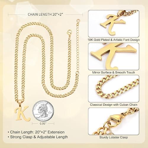 LUXEJEW Valentines Day Gifts for Him - Stainless Steel A-Z Initial Necklaces for Men Boys, Gold/Silver Cuban Link Chain Letter Pendant Necklace Jewelry Gifts 20+2 Inches thumbnail 7