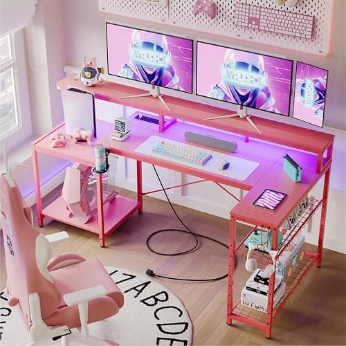 Bestier 71.5 inch Gaming Desk with Power Outlet, Large LED Computer Desk with Monitor Stand, L Shaped Desk with Storage Shelf, Cup Holder & Headset Hooks, Corner Gamer Desk for Bedroom Pink thumbnail 7