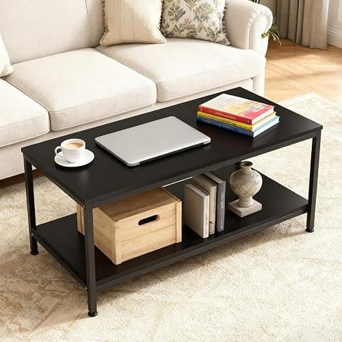 SUPER DEAL 2-Tier Coffee Table with Storage Shelf for Small Apartment Living Room, Rectangle Wood and Stable Metal TV Stand Side End Table, Black thumbnail 9