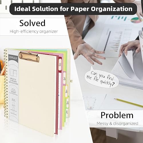 Ospelelf Foldable Spiral Clipboard Folio with Storage Zipper Pouch, 5 Plastic Folders with 10 Pockets, Refillable Lined Notepad (11" x 8.5"), Linen Hardcover Project Organizer (Beige) thumbnail 6