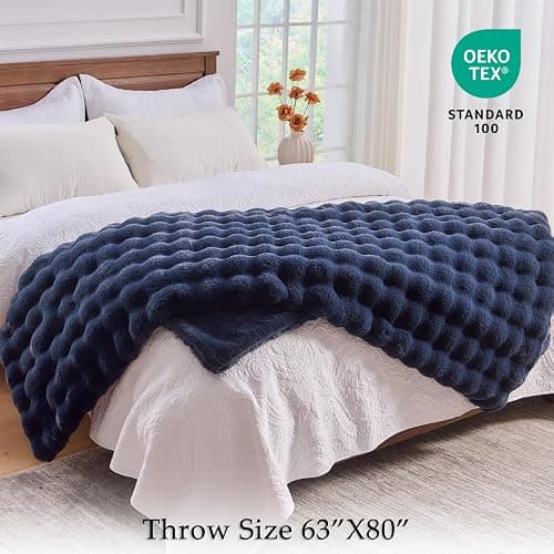 BENVWE Fluffy Faux Fur Throw Blanket for Couch, Soft Plush Thick Cozy Fuzzy Luxury Minky Bubble Blanket for Home Living Room Decor Gift for Women, Navy Blue, 63" x 80", 1100GSM thumbnail 2