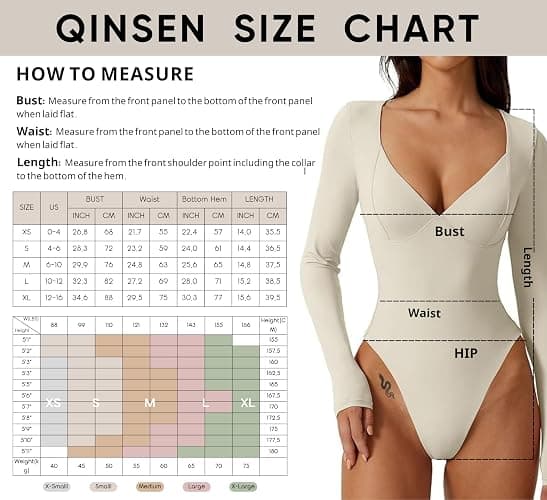 QINSEN Women's Long Sleeve Bodysuit V Neck Body Suits Seamed Cup Going Out Tops Shirt thumbnail 4