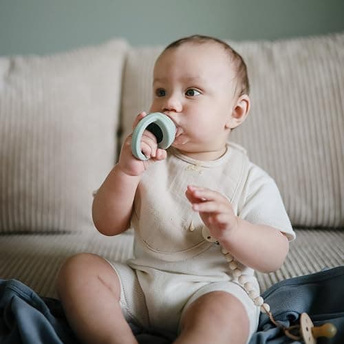 mushie Muslin Baby Bib | Soft Cotton for Infant Drips, Drools & Feedings | Adjustable Fit | 2 Pack - Roman Green/Fog thumbnail 3