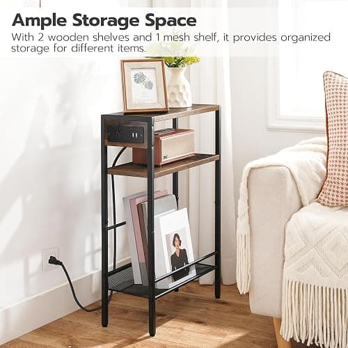 NIGHTSTAND | Amazon | HOOBRO Small Narrow Side Table with Charging Station, Skinny End Table for Small Spaces, Slim Nightstand with USB Ports Outlet, Sofa Beside Table with Storage Shelf, White and Gold DW102UBZ01 - 1 - Gold + White thumbnail 9