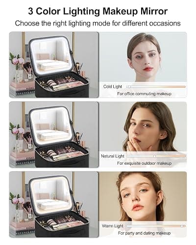 Chomeiu Makeup Bag with LED Mirror, Travel Makeup Case for Women and Makeup Artists Cosmetic Organizer Large Make Up Bags with Light Up Mirror, 3 Color Lights, Adjustable Dividers and Brush Holder thumbnail 4