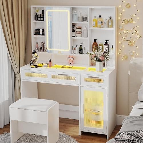Hadulcet White Vanity Desk with Mirror and Lights, 43" Makeup Vanity Desk with Glass Top, Power Outlets, 2 Drawers, 10 Shelves & Acrylic Cabinet, LED Vanity Table for Girls Women Gift thumbnail 7