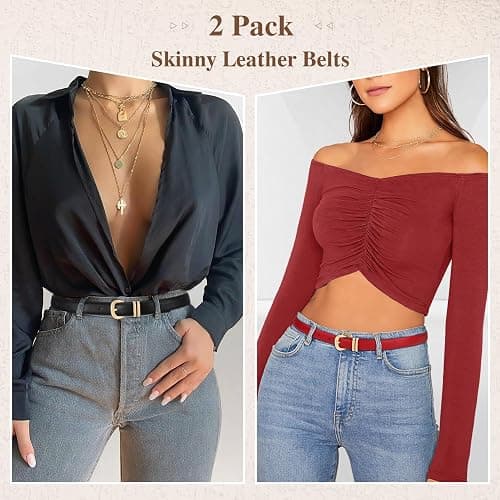 WHIPPY 2 Pack Skinny Leather Belts for Women Thin Ladies Fashion Belt C-Shaped Gold Buckle Black Belt for Jeans Pants Dresses thumbnail 3