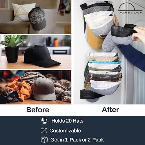 Dome Dock The Original USA-Made Hat Rack and Compact Hat Organizer for Wall Installation, 20 Hat Capacity, Black (2 Pack) thumbnail 3