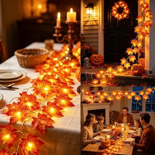 Timer&3 Pack Halloween Fall Decor 30Ft Fall Garland with Lights 60LED | Patented Realistic Maple Leaves Garland Halloween Fall Decorations for Home, Battery Operated Waterproof Thanksgiving Decor thumbnail 4