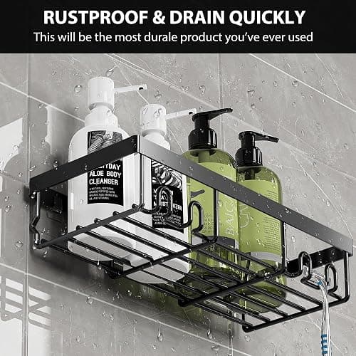 Moforoco Shower Caddy Shelf Organizer Rack, Self Adhesive Black Bathroom Shelves Basket, Home Farmhouse Wall Inside Organization and Storage Decor Rv Accessories, First Camper Apartment Essentials thumbnail 5