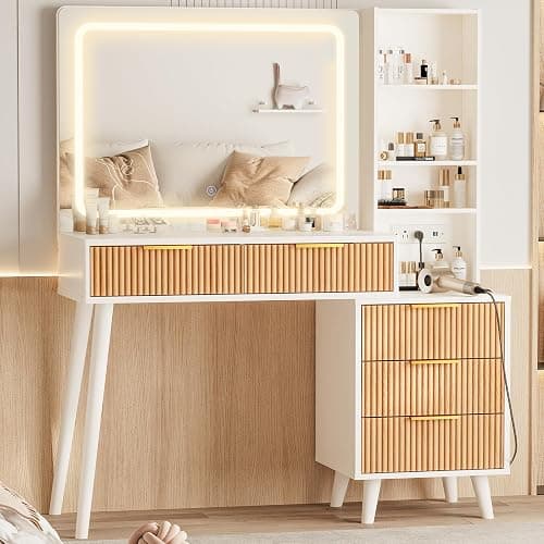 44" Vanity Desk with Mirror and Lights, Makeup Vanity Desk with Power Outlet, Makeup Desk with 5 Drawers&Storage Shelves, Vanity Table 3 Color Adjustable Brightness Dressing Table Set for Bedroom - Image 1