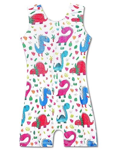 Domusgo Gymnastics Leotards for Girls Sparkly One-Piece Pro Kids Unitard Biketards with Shorts - Cartoon Dinosaur Biketard - 4T/5T - Image 1
