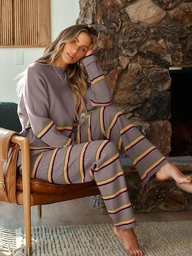 LILLUSORY 2 Piece Sets for Women 2025 Fall Outfits Two Piece Lounge Sets Sweatsuits Striped Knit Sweater Clothes Fashion thumbnail 5