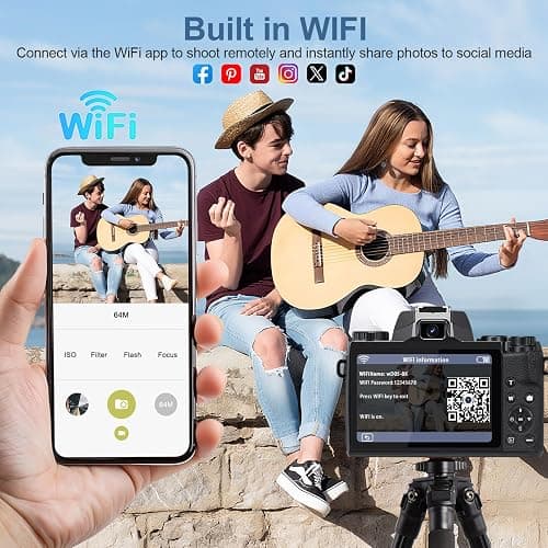 8K Digital Cameras for Photography, WiFi 64MP Vlogging Camera for YouTube, 4" Touch Screen Digital Camera with Dual Lens, Auto Focus, 16X Digital Zoom, 3000mAh Battery, 32GB Card, Black thumbnail 4