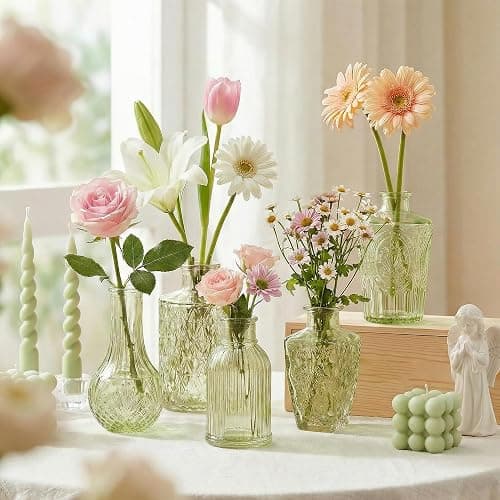 Glass Bud Vases in Bulk Set of 5, Green Small Mini Vases for Flowers, Vintage Vase for Centepiece,Wedding, Table Decor, Baby Shower, Christmas, Home and Events thumbnail 2