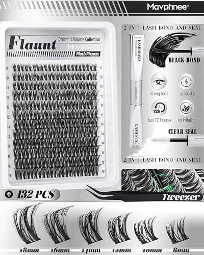 Flaunt Lash Clusters Kit Wispy Cluster Eyelash Extensions Kit CD-Curly Natural Individual Lashes DIY Lash Extension Kit 132Pcs Flora Cluster Lashes with Bond and Seal and Tweezers by Mavphnee (8-18MM) thumbnail 3