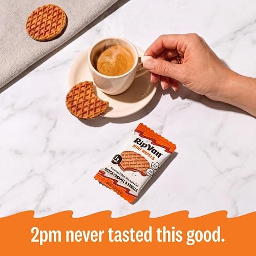 Rip Van Wafels Dutch Caramel Mini Stroopwafels - Low Carb Snacks (3g Net Carbs) - Non GMO Snack - Keto Friendly - Office Snacks - Low Calorie Snack (34 Calories) - Low Sugar (1g) - 32 Pack thumbnail 6