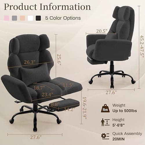 Office Chair with Flip Armrests,Big and Tall Office Chair with Foot Rest,Extra Wide Seat & Lumbar Pillow,Ergonomic Computer Gaming Chair,Comfy Criss Cross Chair for Pets Sitting,Teddy Fleece,Black thumbnail 2