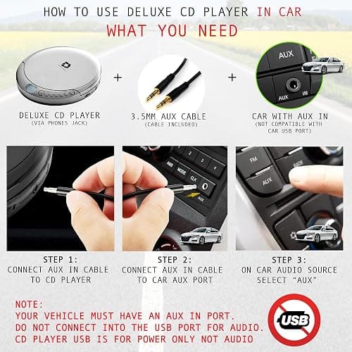 Deluxe Products CD Player Portable with 60 Second Anti Skip, Stereo Earbuds, Includes Aux in Cable and AC USB Power Cable for use at Home or in Car. Silver thumbnail 3