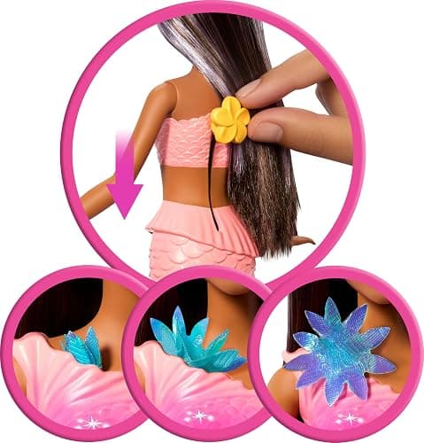 Barbie Mermaid Toy Dolls with Surprise Magic Blooming Flowers Feature, Ombre Tails, Pearl Headband Accessory & Long Brown Hair with Purple Highlights thumbnail 3