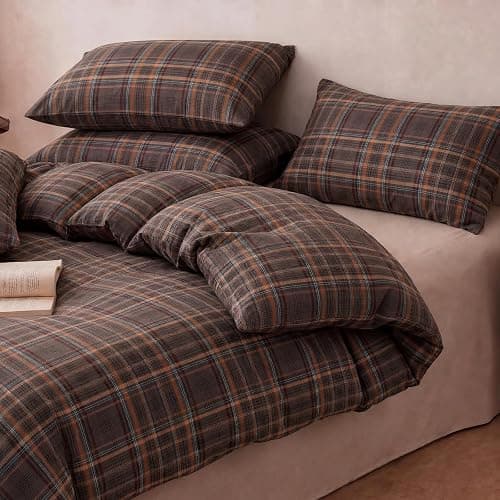 Cozaline 100% Cotton Vintage Plaid Duvet Cover Queen Size - Dark Gray and Burnt Orange Checkered Pattern Duvet Cover Set with Zipper Closure, 3 Pieces Soft & Breathable Bedding Set for All Seasons thumbnail 3