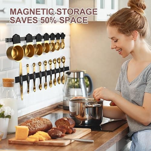 16-Piece Stainless Steel Measuring Cups and Spoons Set, Strong Magnetic Nesting Design 7 Cups 8 Spoons with Leveler, Double Measurement Markings for Dry & Liquid Ingredients, Gold thumbnail 2