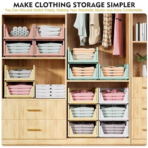 SNSLXH 5 Pack Stackable Closet Storage Basket, Multifunctional & Foldable Closet Organizer for Bathroom Kitchen Laundry Room Wardrobe Storage, Space-Saving Clothes Storage Drawer Organizer, White thumbnail 4