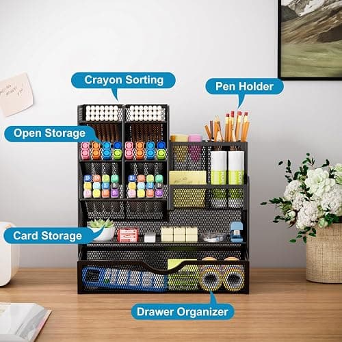 Marbrasse Mesh Pen Holder for Desk, Multi-Functional Pencil Organizer with Drawer, Desk Organizers and Accessories for Office Art Supplies (Black) thumbnail 4