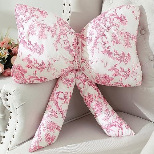 Colingmill Bow Shaped Throw Pillow 24 Inch Large Pink and White Chinoiserie Floral Pillow Decorative Coquette Love Shack Fancy Decor for Sofa Bed Couch Living Room - Image 1