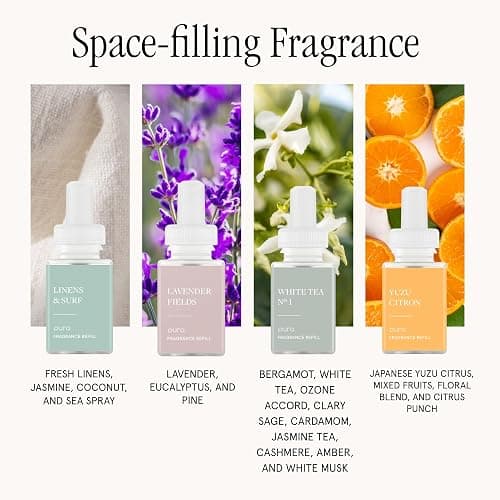Pura 4 Smart Home Fragrance Device Starter Set - Scent Diffuser for Home- Linens & Surf, Lavender Fields, White Tea No. 1, Yuzu Citron Scent thumbnail 2