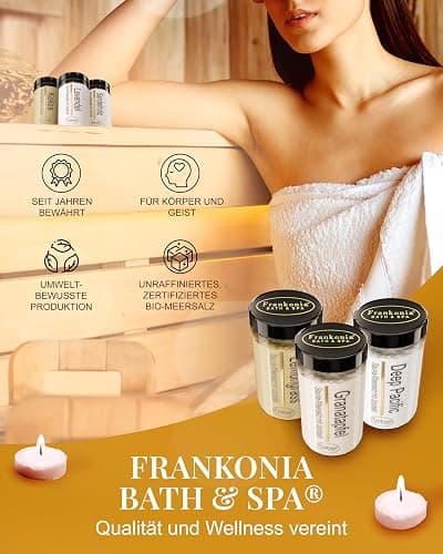 Frankonia BATH & SPA Sauna Salz Peeling Wilde Rose – 400 g Meersalz-Körperpeeling mit Jojobaöl & Vitamin E – Dusch- & Body Scrub für alle Hauttypen – Vegan & ohne Parabene – ohne Microplastik thumbnail 9