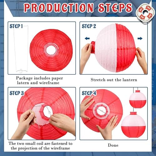 Set of 12 Fishing Bobber Round Paper Hanging Lanterns Fishing Birthday Decorations Hanging Paper Lanterns for Fishermen Theme Party Decoration Supplies, 12 Inches, 8 Inches (Red and White) thumbnail 3