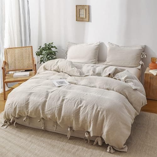 Simple&Opulence 100% Linen Duvet Cover Set, 3 Pieces Belgian Flax Breathable Bedding, Queen Size 88''x92'' (1 Comforter Cover+2 Pillowshams) with Tie Closure Style,Linen thumbnail 8