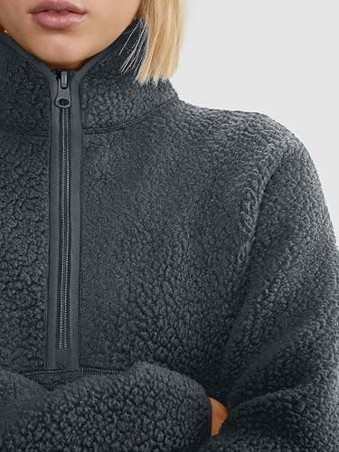 LASLULU Womens Half Zip Pullover Cropped Sweatshirts Sherpa Fleece Jacket Fuzzy Sweaters Cute Winter Jackets with Pockets thumbnail 2
