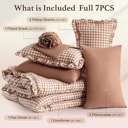 BDEUS 7 Pieces Gingham Ruffle Comforter Set Full Size, Brown Grid Tartan Bedding Set, Soft Breathable Fabric Comforter with Flat Sheet, Fitted Sheet, 2 Pillowcases & 2 Shams, 82"X86" thumbnail 5