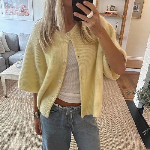 Women Knitted Crop Cardigan Shirt Short Sleeve Button Down Ribbed Knit Crop Top Y2k Girls Outwear Top Tee Shirt thumbnail 3