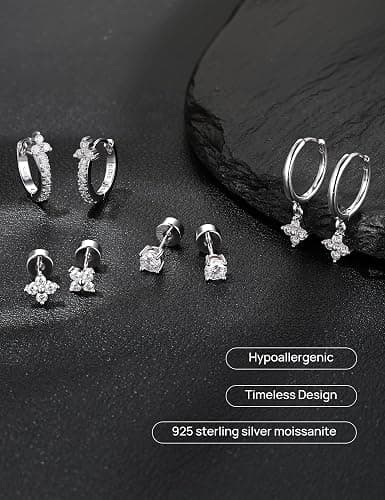 GEORGE · SMITH 4 Pairs Moissanite Earrings Set for Women 925 Sterling Silver Hypoallergenic Stud and Huggie Hoop Earrings Dainty Ear Stack Cartilage Earrings for Multiple Piercings Gift thumbnail 5