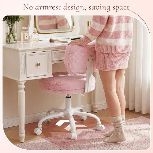 Homkdom Vanity Chair with Wheels, Pink Desk Chair with Cute Bow Backrest, Fluffy Faux Rabbit Fur Small Office Chair for Vanity, Make-up Room, Bedroom, Dorm, Small Space, Height Adjustable, Pink thumbnail 4