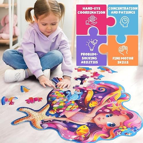 BenBen Floor Puzzles for Kids Ages 4-6, 52 Piece Mermaid Puzzle for Toddlers 3-5, Mermaid Toys Birthday Gift for Girls Boys thumbnail 6