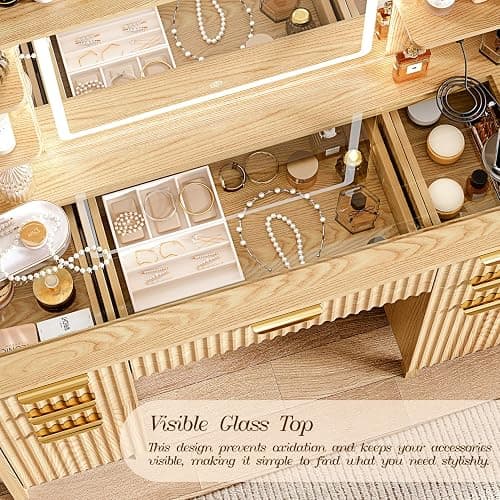 Vanity Desk with Large 27.2" Mirror and Lights 47.2" Fluted Makeup, 5 Drawer Vanity with Power Strip, 4 Open Shelves, 2 Cabinet, Modern Bedroom Vanity Featuring Visual Transparent Glass. Wood thumbnail 6