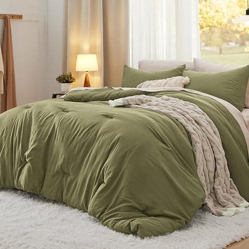 Bedsure King Size Comforter Set, Olive Green Soft Prewashed Bedding for All Seasons, 3 Pieces GentleSoft™ Warm Down Alternative Bed Set, 1 Lightweight Comforter (104"x90") and 2 Pillowcases (20"x36") - Image 1