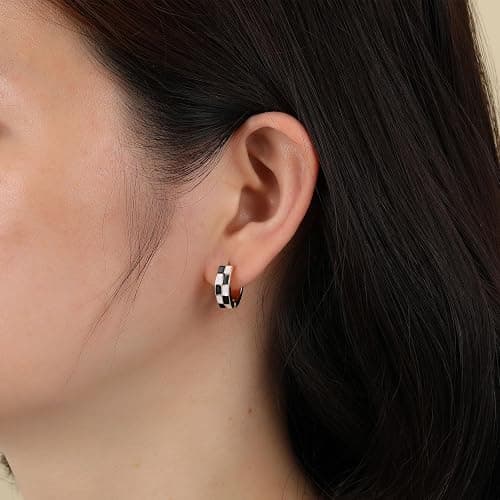 Sriomu Chic Checker Small Hoop Cartilage Earrings Teacher Earrings for Women；White Black Enamel Hypoallergenic Hooped Gifts Gold and Silver tone thumbnail 3