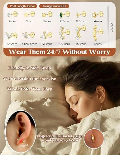 ORAZIO 18G 16G Hypoallergenic Flat Back Earrings Stud Earrings - 316L Surgical Steel Internal Thread Stud Piercing Jewelry for Tragus/Helix/Conch/Medusa/Lip/Labret - Helix Tragus Cartilage Earrings for Women thumbnail 2