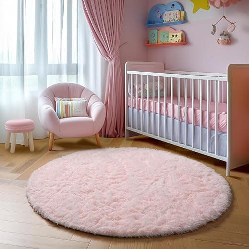 Pink Fluffy Round Rug 5Ft for Girls Bedroom Decor Aesthetic, Shaggy Circle Area Rugs for Kids Room Living Room, Cute Fuzzy Carpet for Nursery, Dorm, Classroom, Teen, Princess, Comfy Baby Playroom Rug thumbnail 5